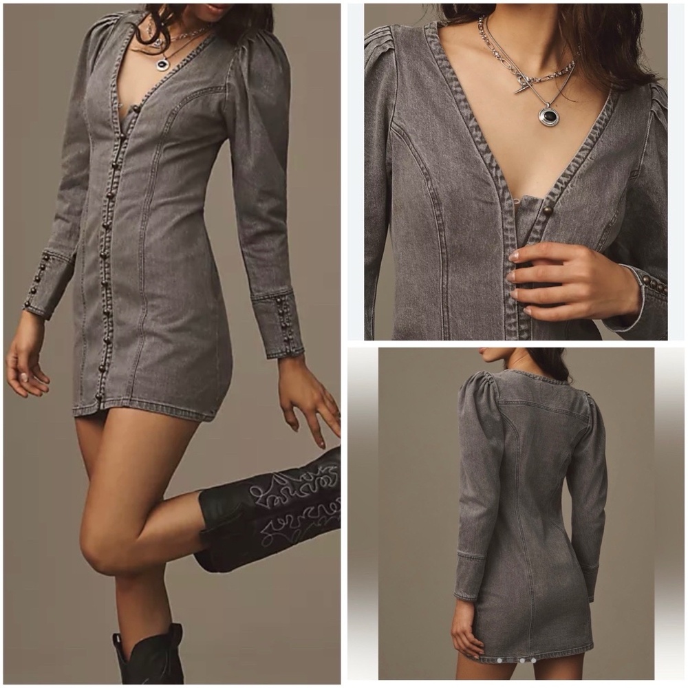 Pilcro x Anthropologie Size L Puff-Sleeve Denim Mini Dress Grey Long Sleeve $158